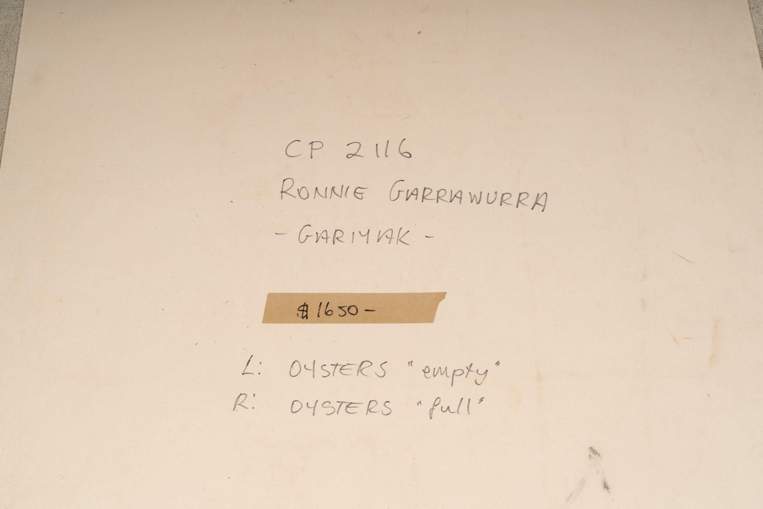 Artwork by Ronnie Dayn'kuli Gurrawurra, Oysters at Gariyak, Made of acrylic on canvas