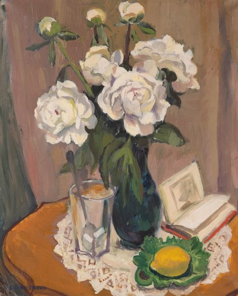 Artwork by Leon Gaudeaux, Le guéridon aux pivoines, Made of oil on canvas