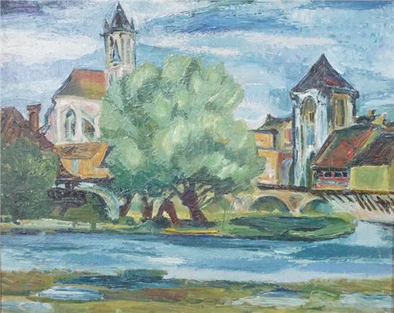 Bord de fleuve avec église - Eugene Nys
