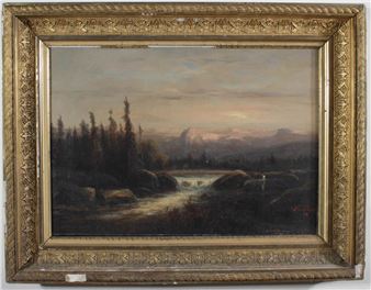 River landscape with figure, mountains and forest in the background - William Peter