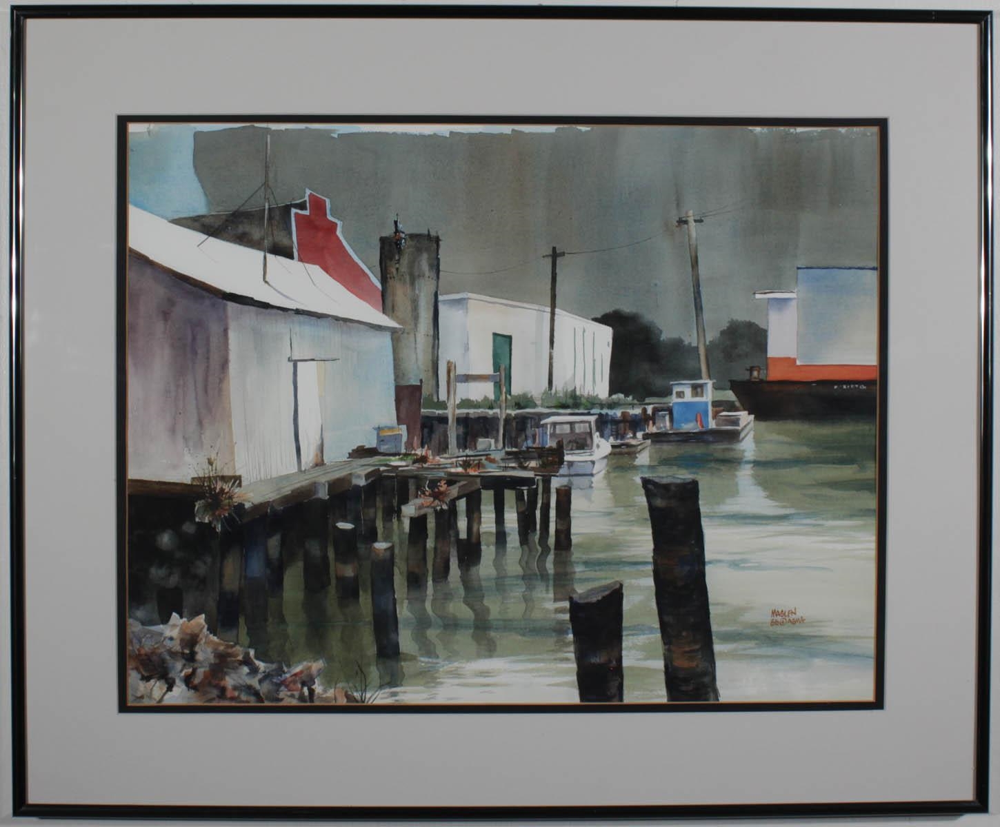 John R. Maslen | Wharf with warehouses and boat | MutualArt