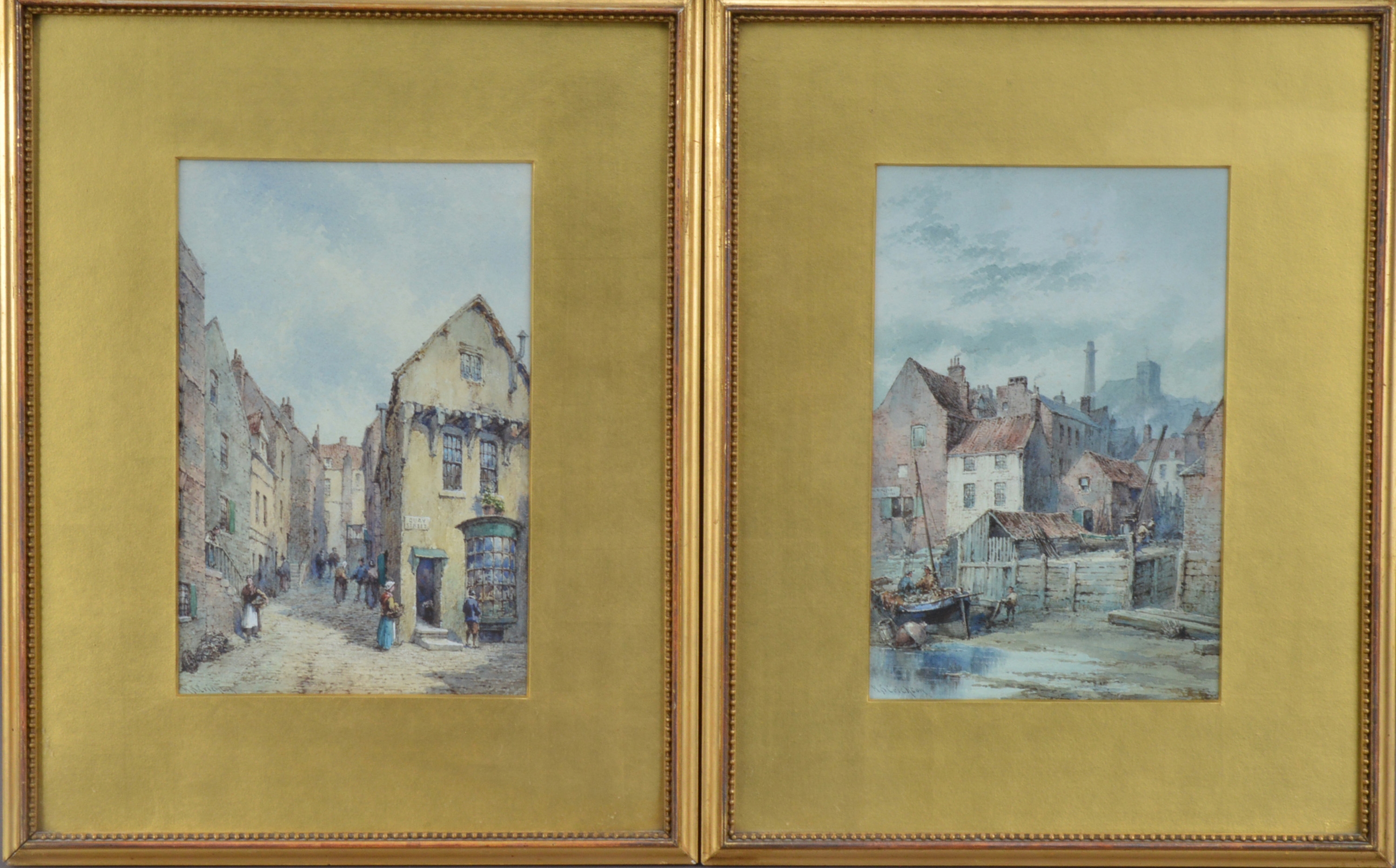 Artwork by Neil Stuart Crichton, a pair of architectural street watercolours, Made of glazed and mounted