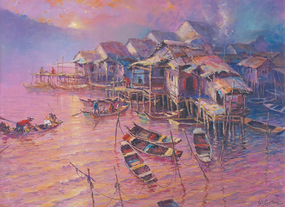 Artwork by Tan Peng Hooi, Fishing Village, Made of oil on canvas