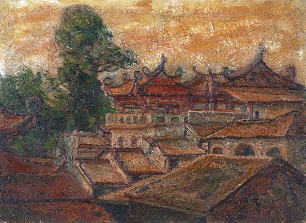 Artwork by Tan Peng Hooi, Ayer Itam Temple, Made of oil on canvas