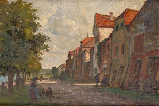 Häuserzeile am Flusslauf mit spielenden Kindern und Spaziergängern by Theodor Grätz