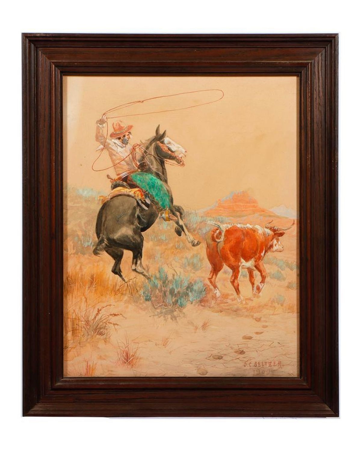 Olaf C. Seltzer | Cowboy roping a Longhorn (1909) | MutualArt