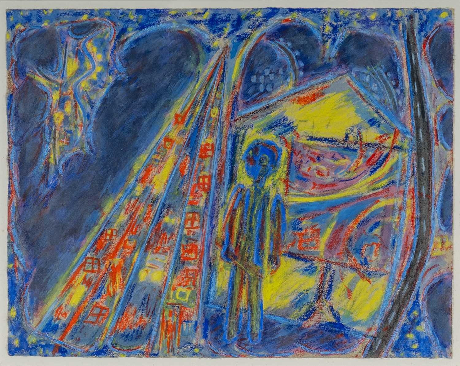 Artwork by Ernest Zobole, Standing self portrait above valley, Made of mixed media