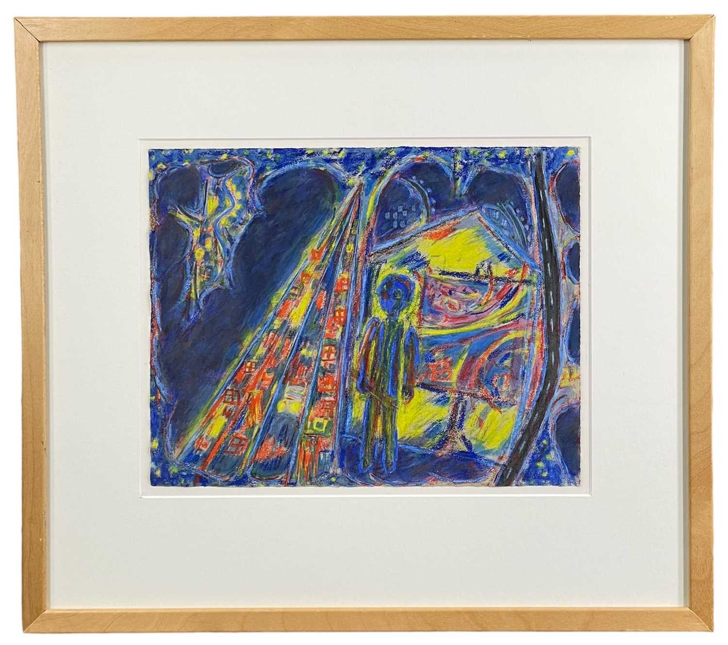 Artwork by Ernest Zobole, Standing self portrait above valley, Made of mixed media