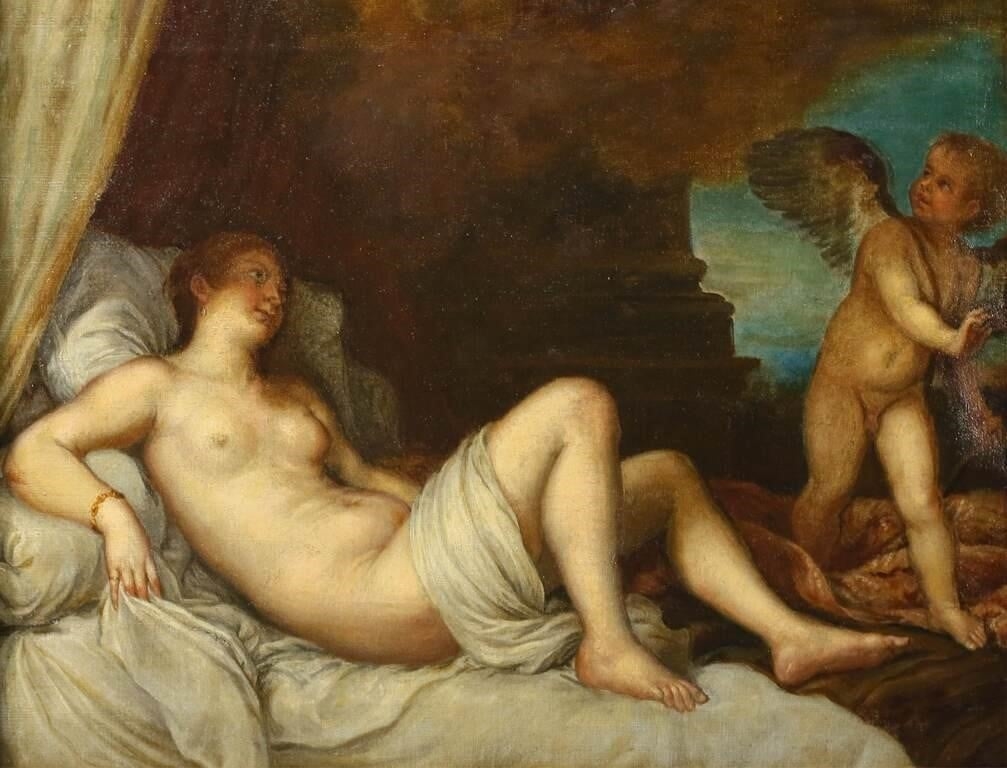 Artwork by Titian, Reclining nude with Cupid, after Titian's Danae and the Shower of Gold, Made of Oil on canvas