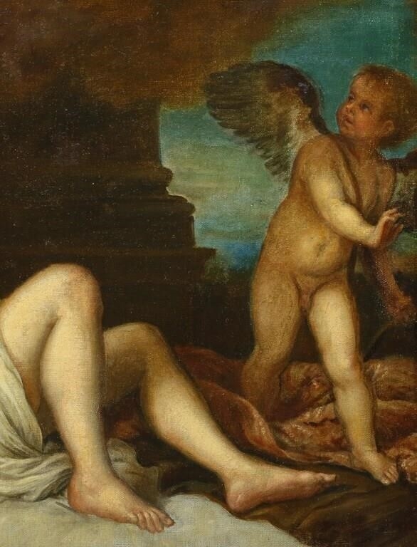 Artwork by Titian, Reclining nude with Cupid, after Titian's Danae and the Shower of Gold, Made of Oil on canvas