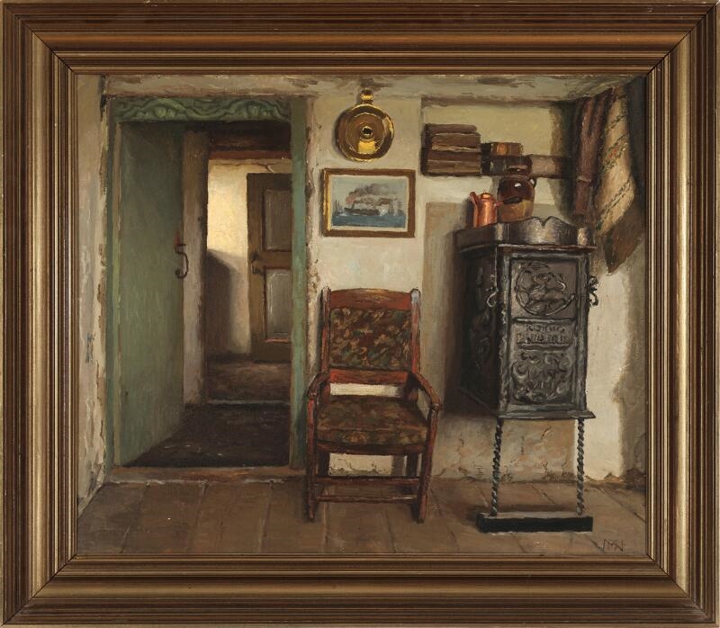 Artwork by Marinus Nielsen, A farm interior presumably from Laesoe, Made of Oil on canvas