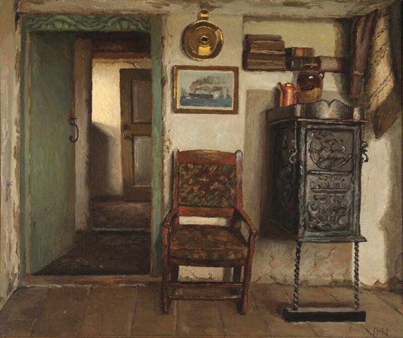 Artwork by Marinus Nielsen, A farm interior presumably from Laesoe, Made of Oil on canvas
