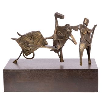 An abstract depiction of a man, a draft animal and cart - Francine Zak