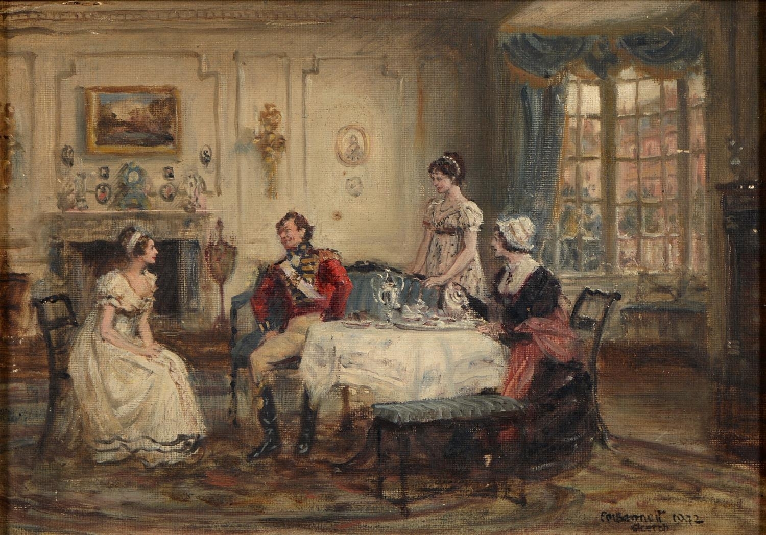 Frank Moss Bennett | - Room Interior with an Officer and Three Ladies ...