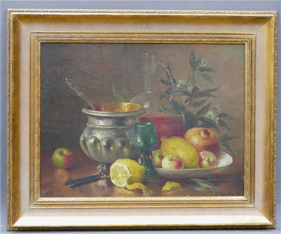 Stillleben mit Obst, Schalen und Karaffe - P. Gudin