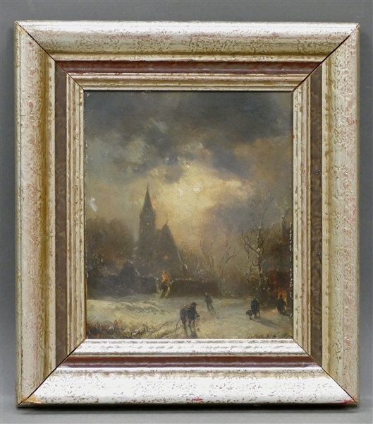 Artwork by Robert von Reichert, Winterlandschaft mit Personen im Hintergrund eine Kirche, Made of Oil on cardboard