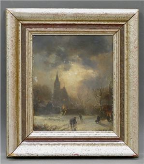 Winterlandschaft mit Personen im Hintergrund eine Kirche - Robert von Reichert