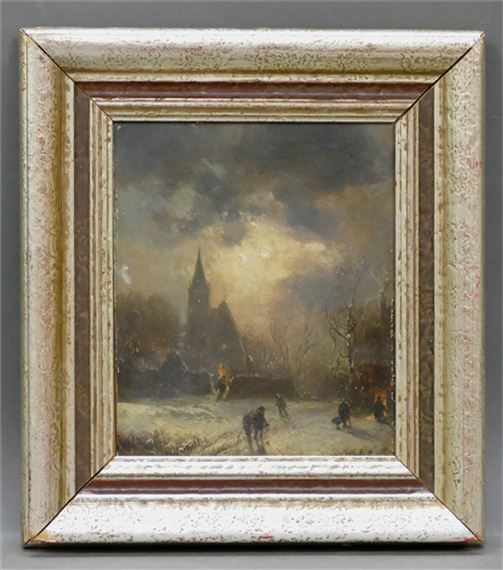 Winterlandschaft mit Personen im Hintergrund eine Kirche - Robert von Reichert