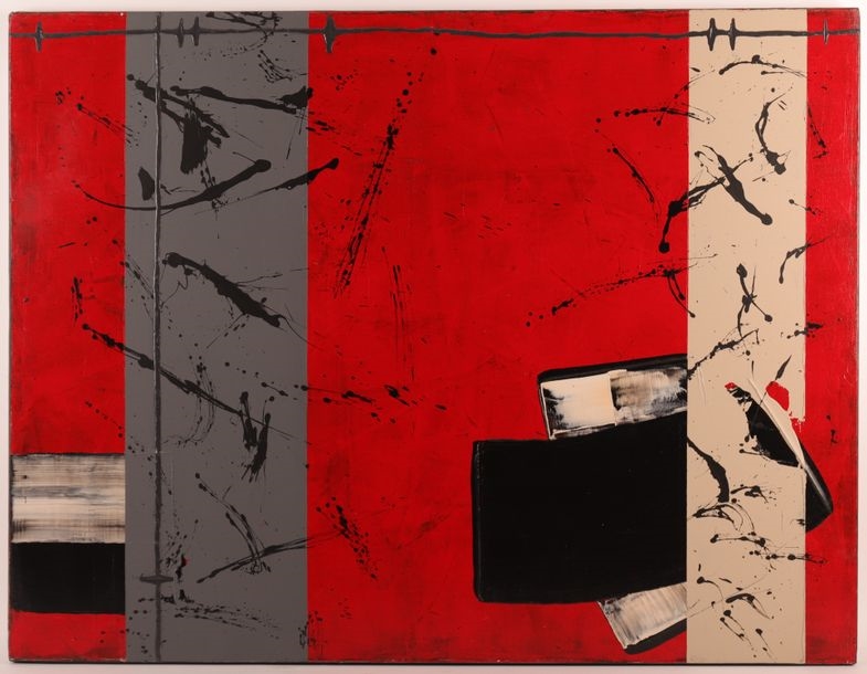 Artwork by Marc Loiseau, COMPOSITION AU FOND ROUGE, Made of Acrylic, natural pigments and vinyl binder on canvas
