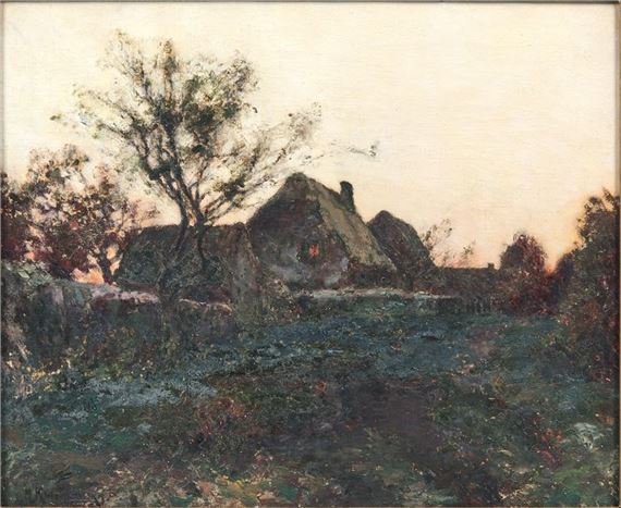 CHAUMIERE DANS UN PAYSAGE AU SOLEIL COUCHANT by Michel Korochansky