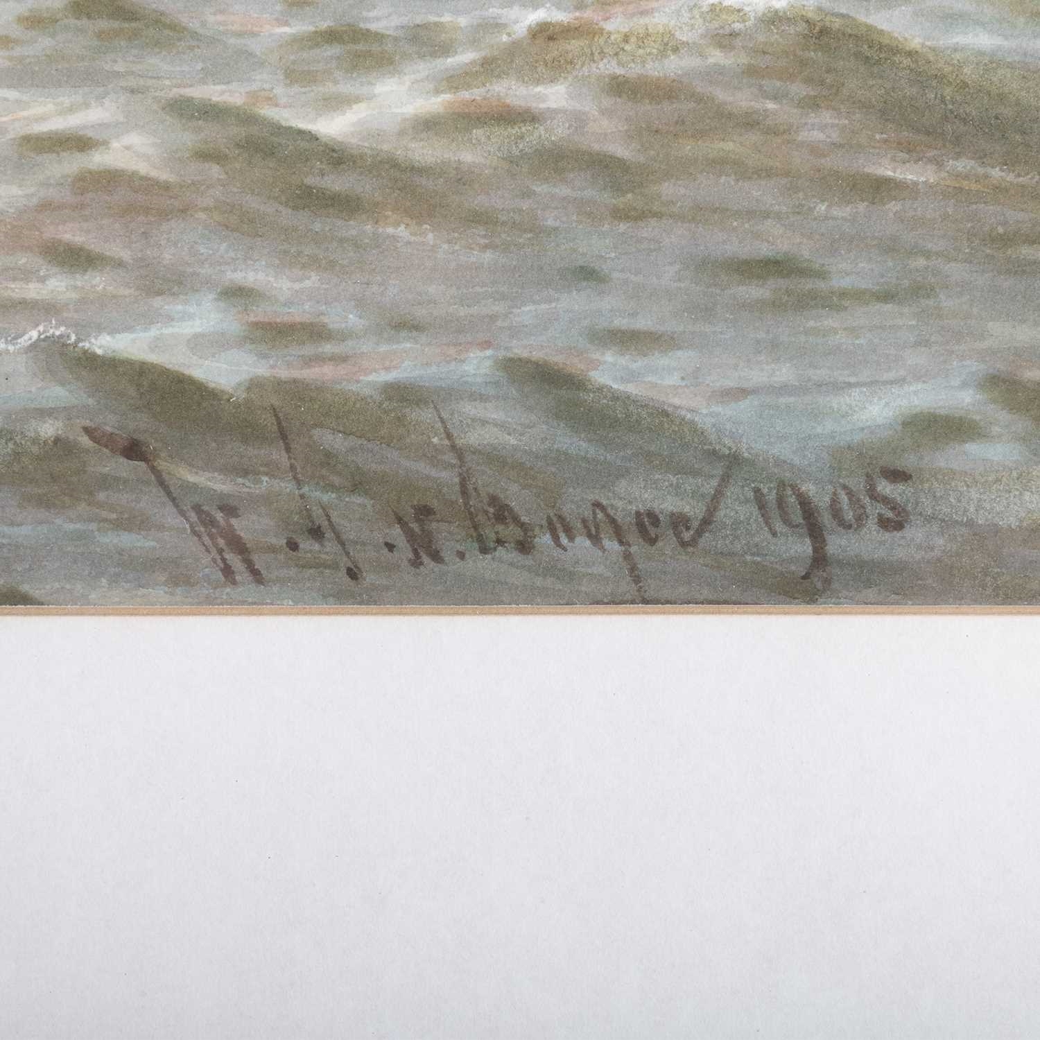 Artwork by W. J. N. Boyer, SEASCAPES WITH BOATS AND SHIPS OFF THE COAST, Made of watercolour and pastel