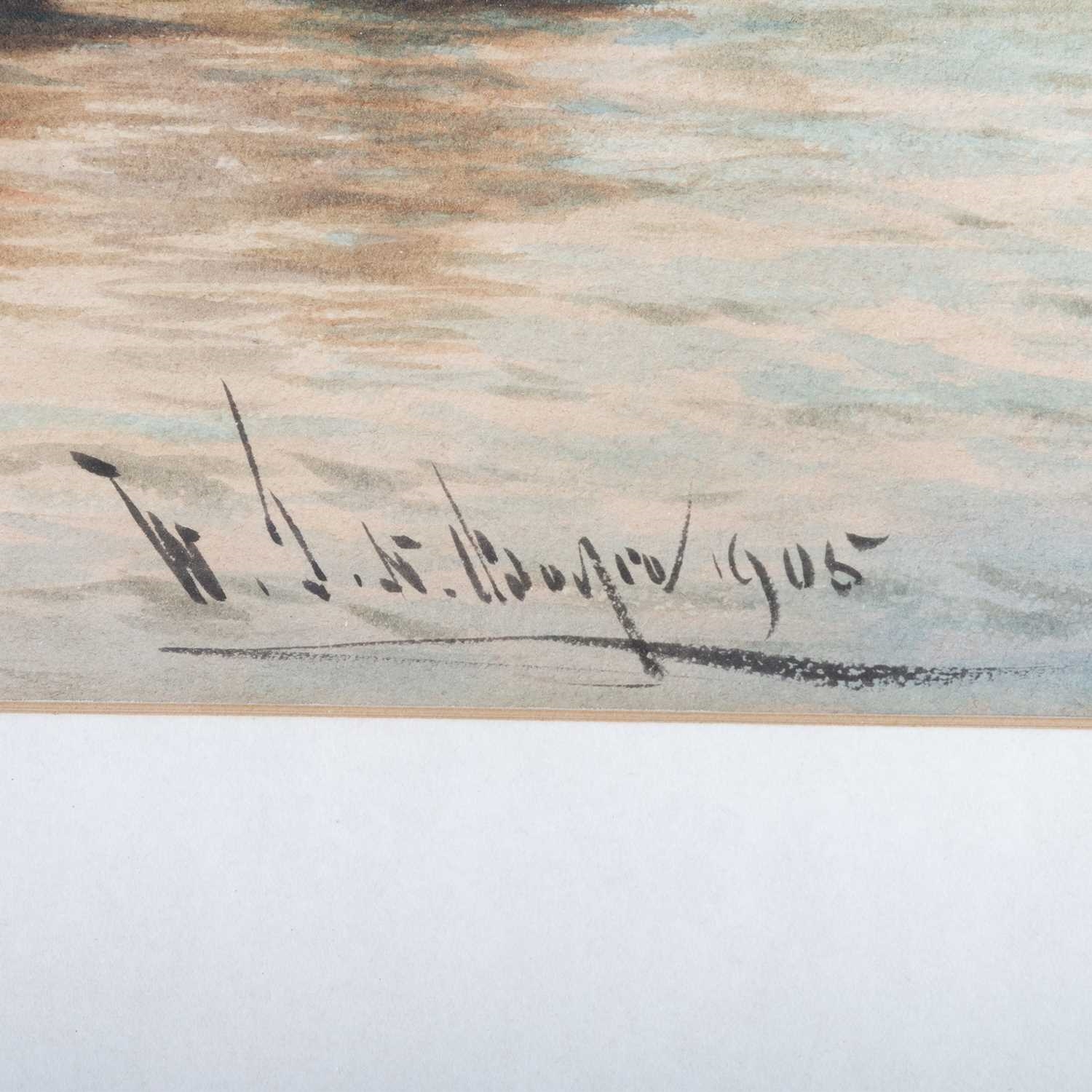 Artwork by W. J. N. Boyer, SEASCAPES WITH BOATS AND SHIPS OFF THE COAST, Made of watercolour and pastel