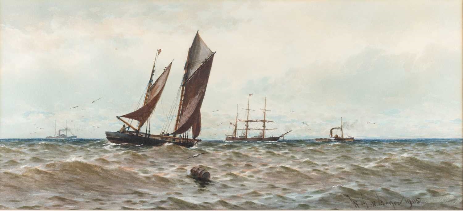 Artwork by W. J. N. Boyer, SEASCAPES WITH BOATS AND SHIPS OFF THE COAST, Made of watercolour and pastel