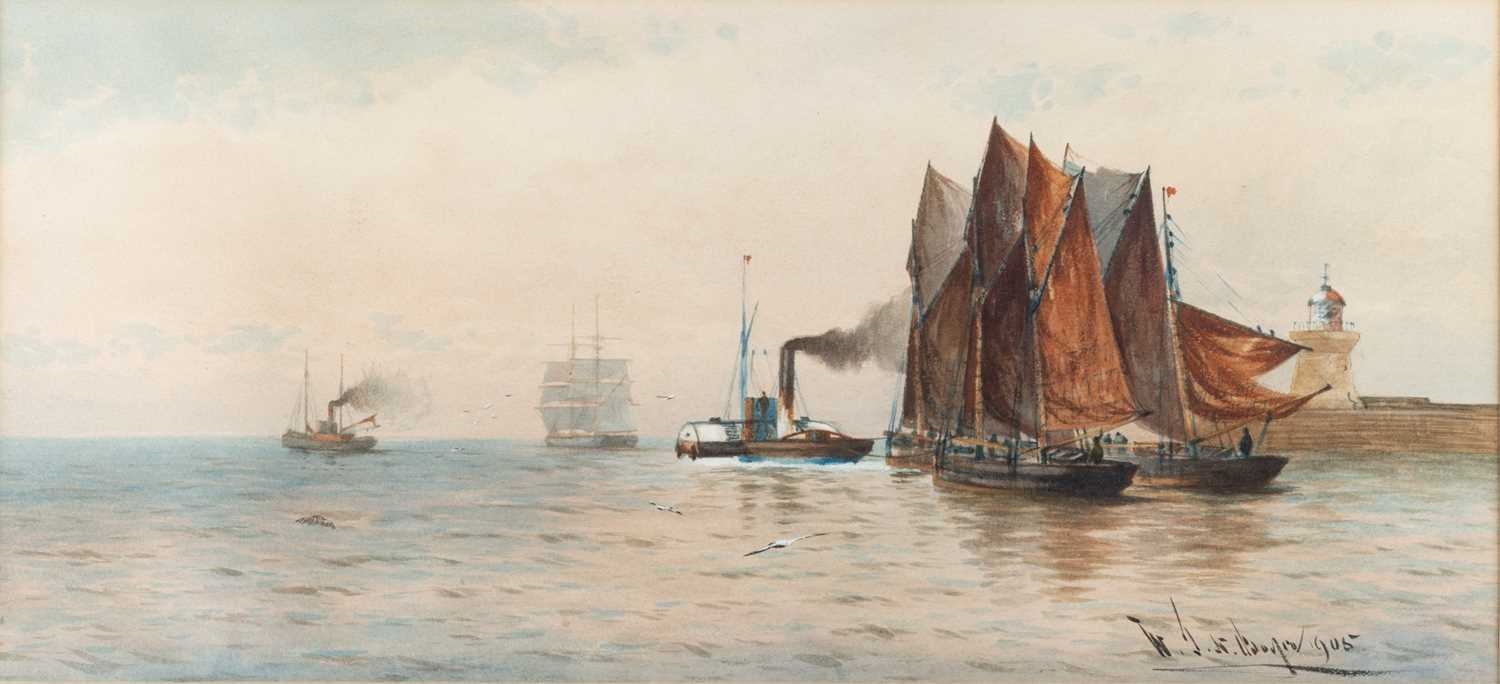 Artwork by W. J. N. Boyer, SEASCAPES WITH BOATS AND SHIPS OFF THE COAST, Made of watercolour and pastel