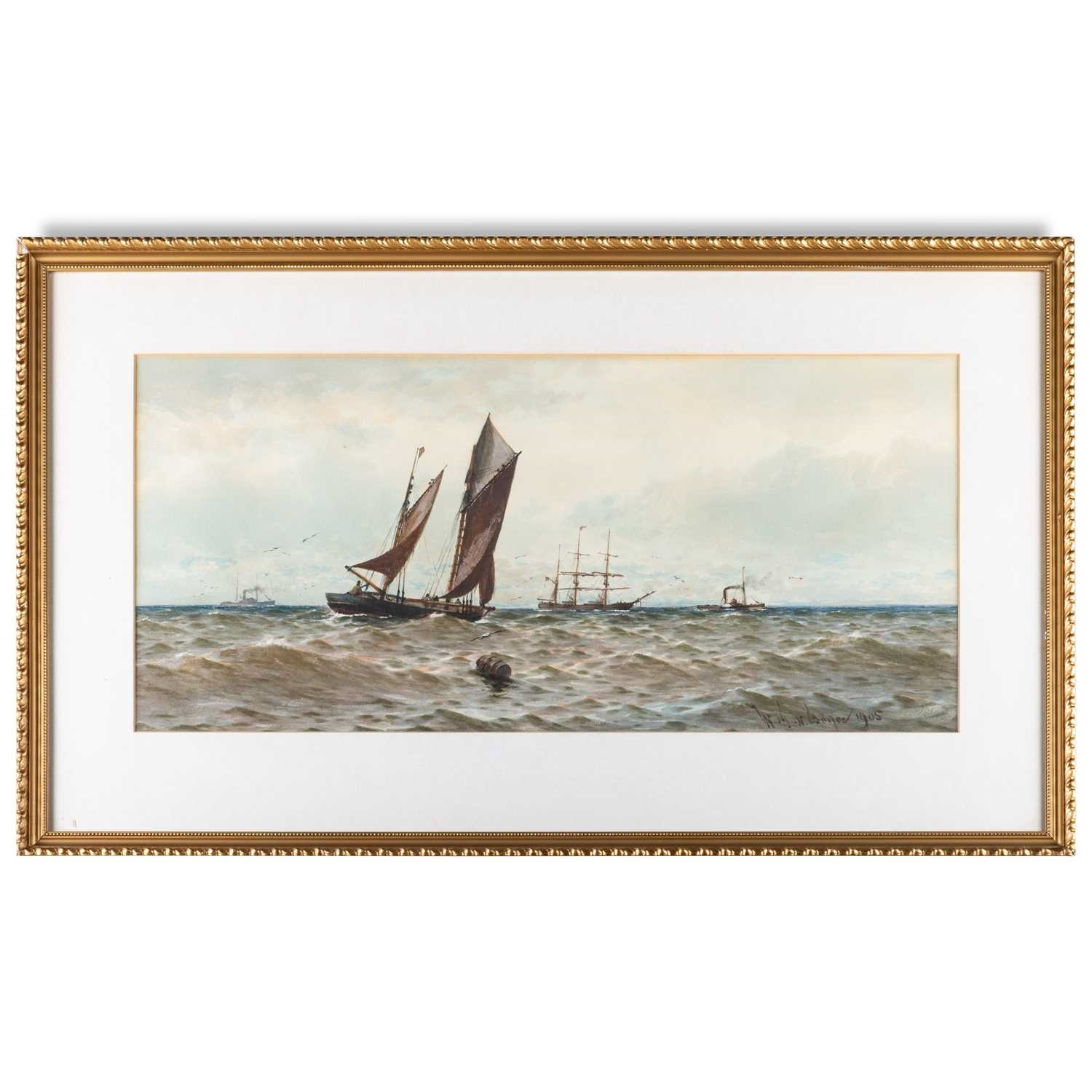 Artwork by W. J. N. Boyer, SEASCAPES WITH BOATS AND SHIPS OFF THE COAST, Made of watercolour and pastel