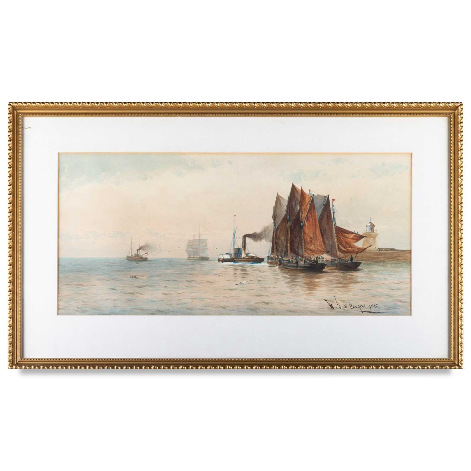 Artwork by W. J. N. Boyer, SEASCAPES WITH BOATS AND SHIPS OFF THE COAST, Made of watercolour and pastel