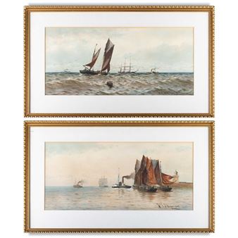 SEASCAPES WITH BOATS AND SHIPS OFF THE COAST - W. J. N. Boyer