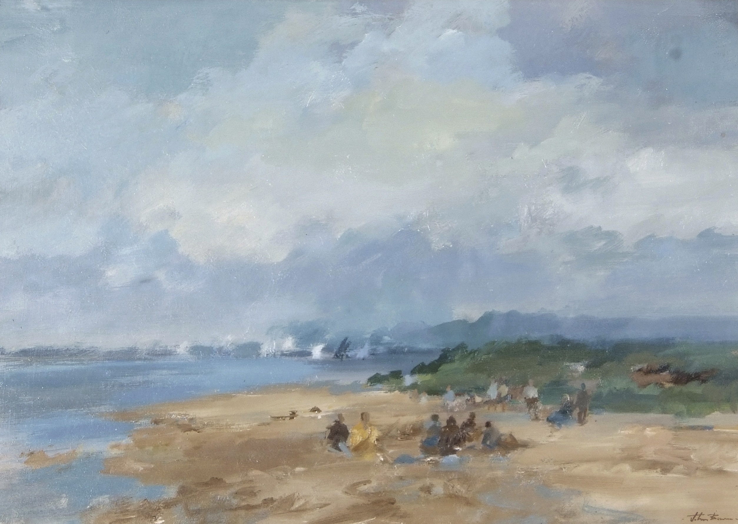Artwork by John Burman, Coastal view at Brancaster, Made of oil on board