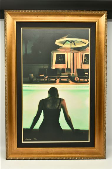 A FEMALE FIGURE SITTING BESIDE A SWIMMING POOL AT NIGHT by Carrie Graber