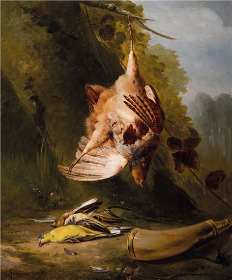 Still life with powder horn and killed birds by François Joseph Huygens