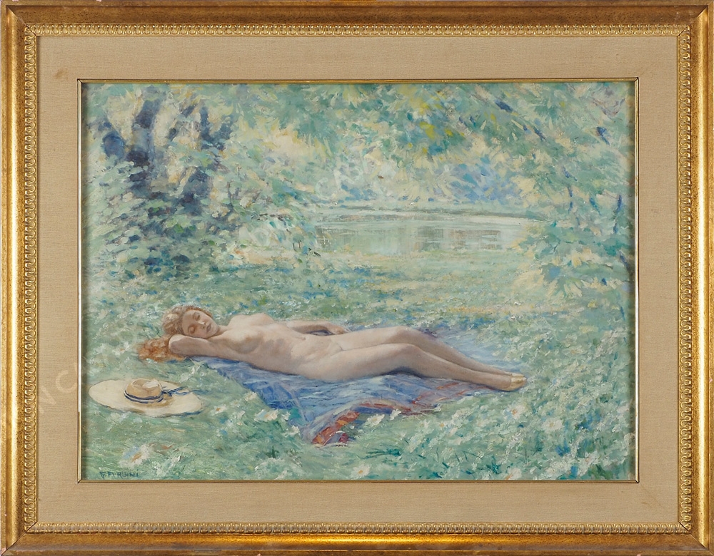 Artwork by Giuseppe Furlani, Distesa nel prato, Made of oil on plywood