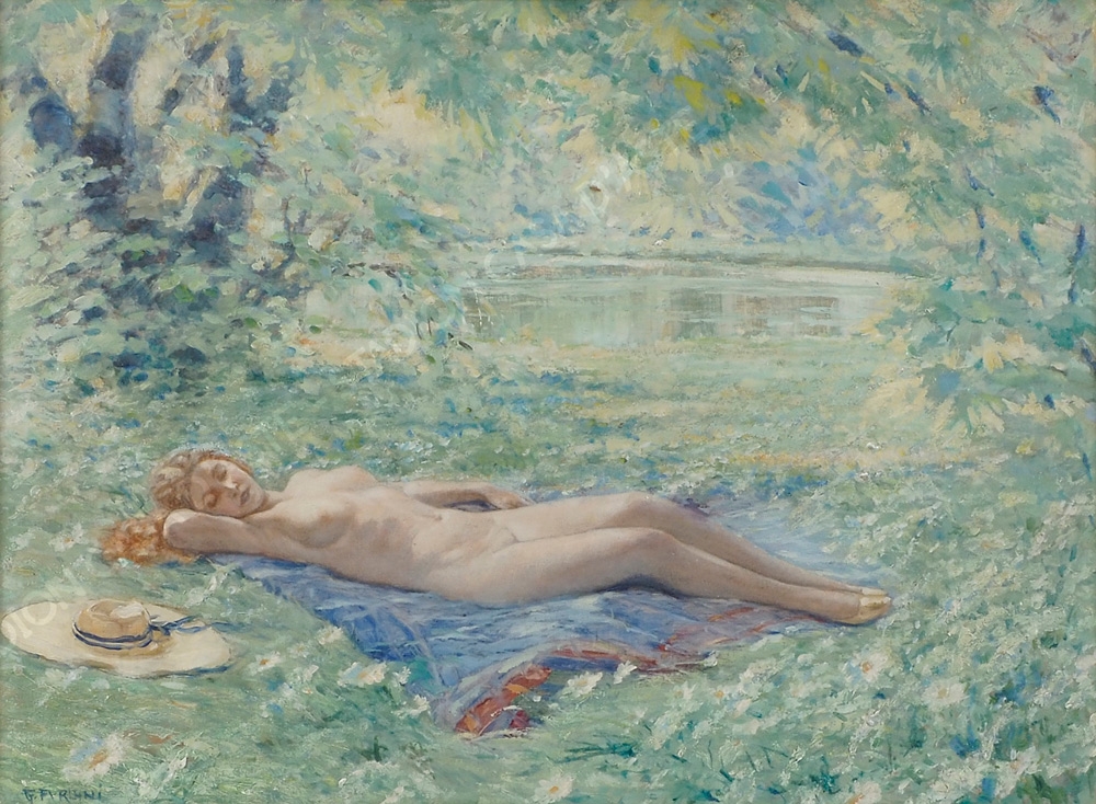 Artwork by Giuseppe Furlani, Distesa nel prato, Made of oil on plywood