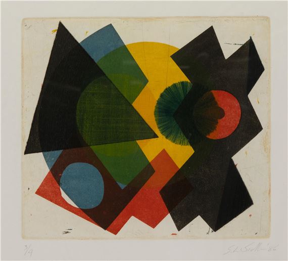 A vibrant abstract composition of overlapping geometric shapes in bold primary and secondary colors.