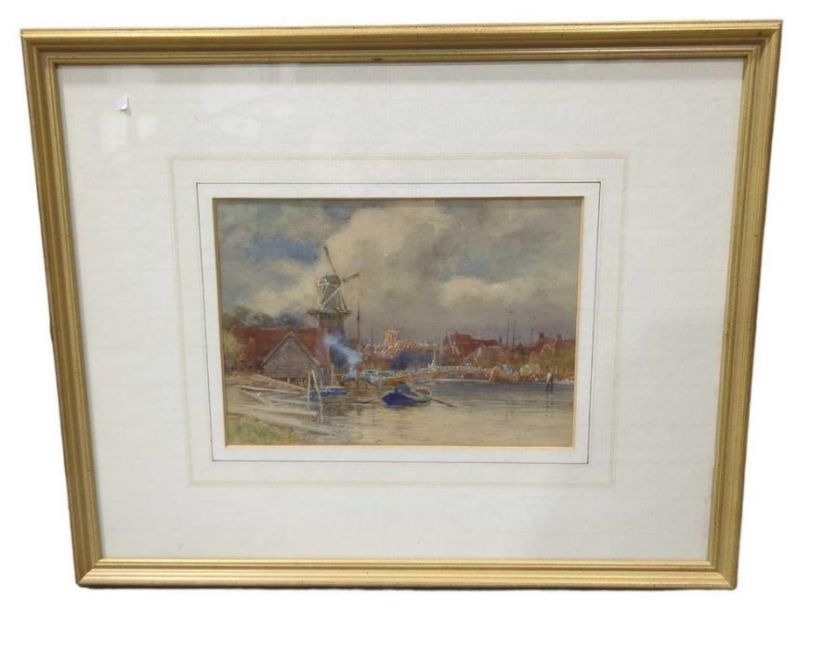 Wilfrid Williams Ball | Dutch river scene with rowing boat, windmill ...