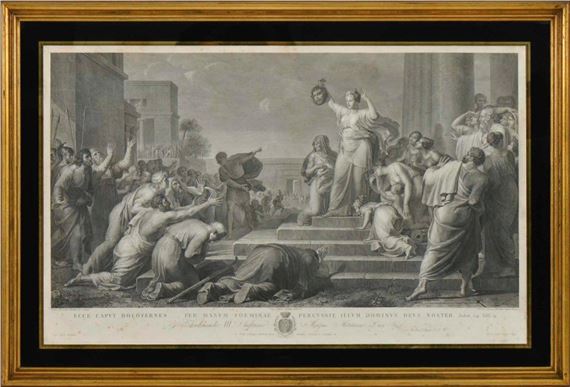 "Ecce caput Holofernes...per manum foeminae percussit illum dominus deus noster - Judith. cap. XIII. 19". - Pietro Benvenuti