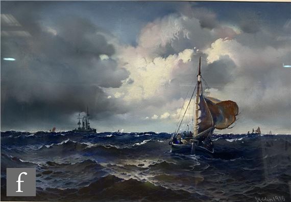 Ships on choppy waters by John Holden, dated 1916