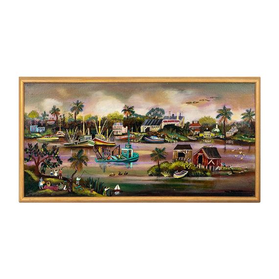 Folk Art painting of a View of Cortez, Florida by Janet Munro, 1981