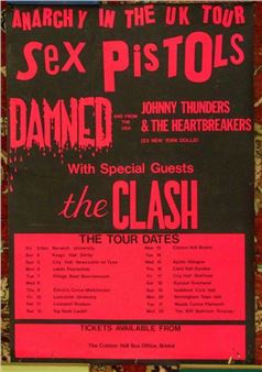 The Clash and Johnny Thunders. An iconic moment in punk rock history because most of the venues were pressured into cancelling shows after the band's infamous appearance on TV show Today with Bill Grundy just two days before the opening gig in Norwich was due to take place. Printed in vibrant neon pink and black. 74cm by 50.3cm. Pin-holes - Sex Pistols