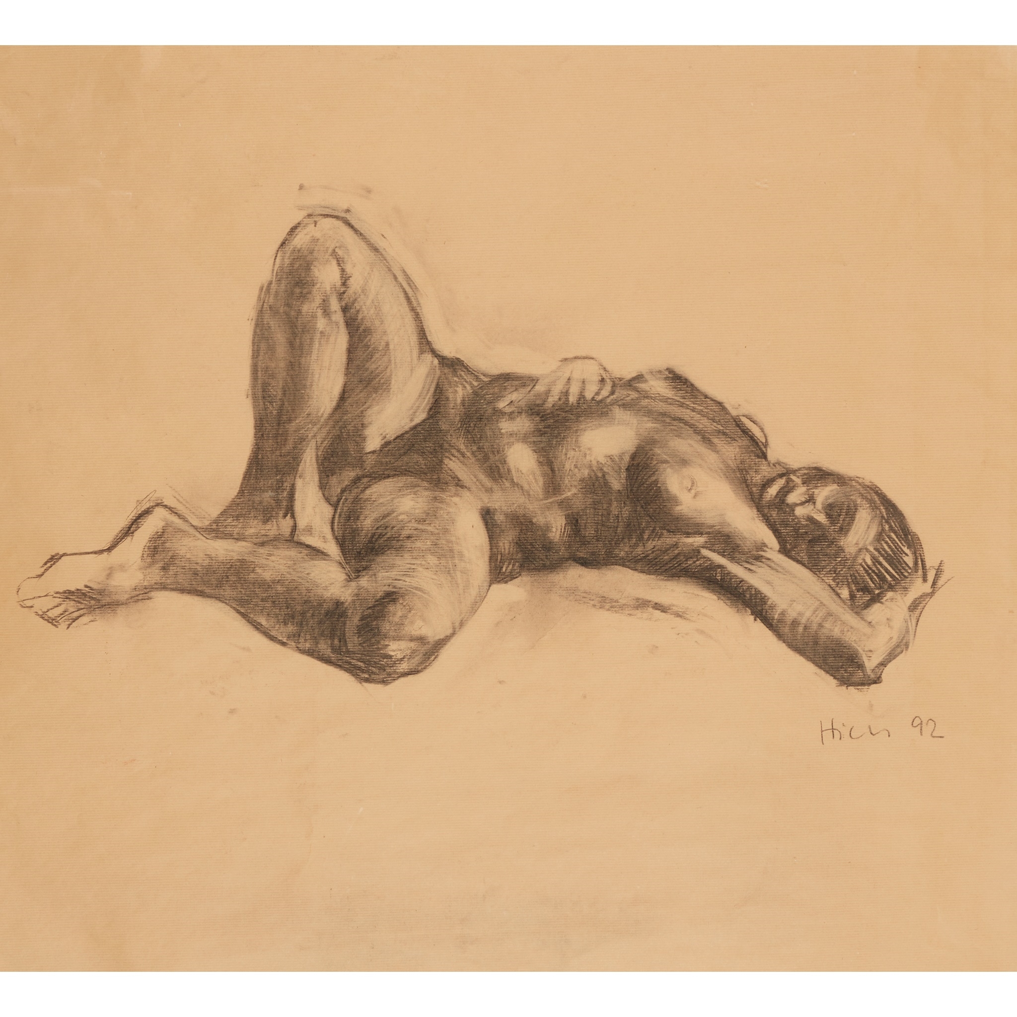 Artwork by Nicola Hicks, NUDE - 1992, Made of charcoal on brown paper