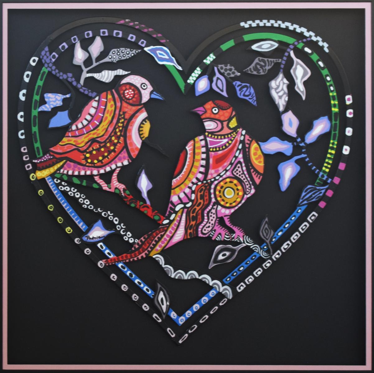 Artwork by Patricia Govezensky, Love Birds XV, Made of Original Painting on Laser Cut Steel