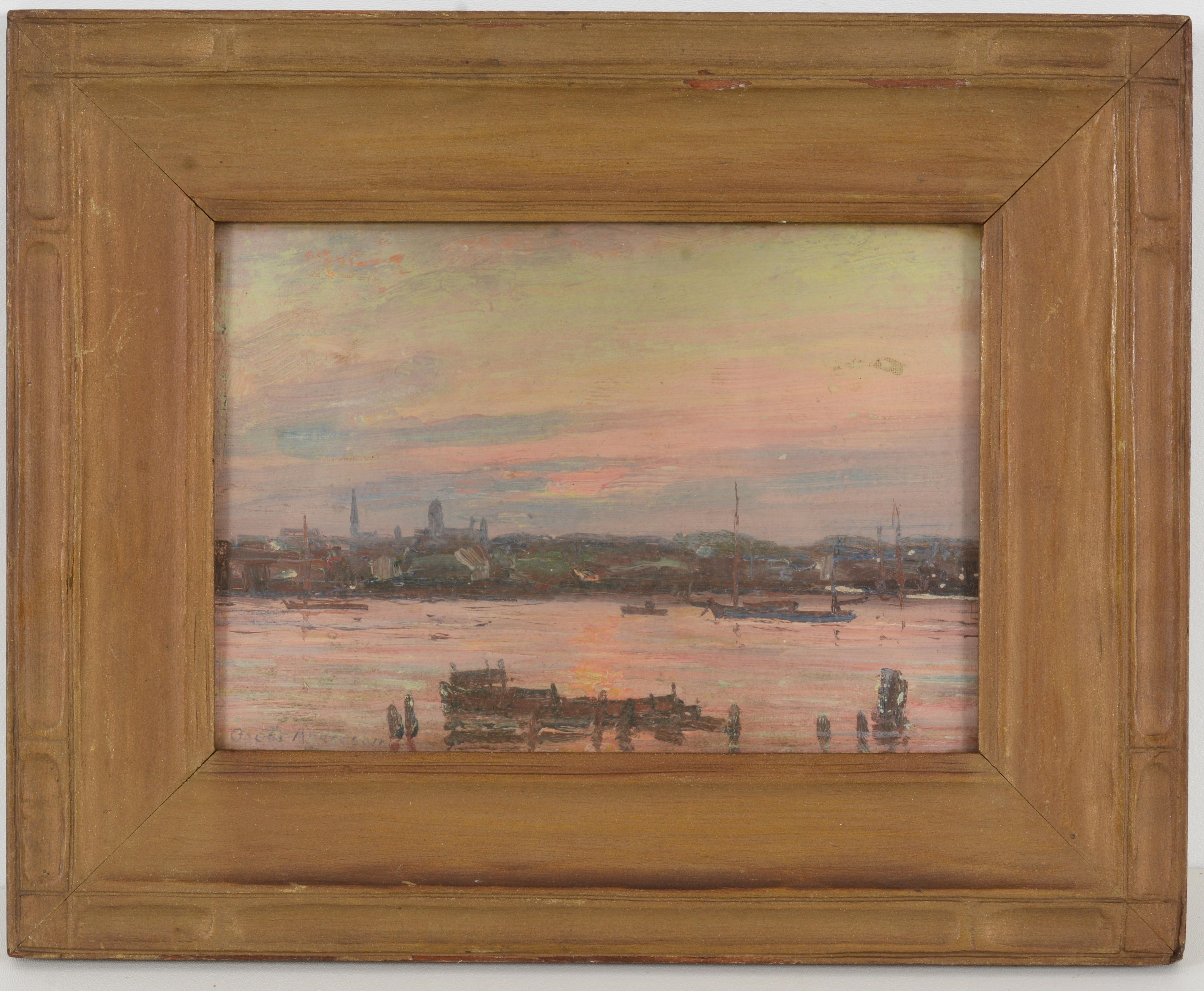 English evening landscape with boats along a canal and city skyline - Oscar Anderson