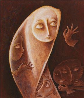 A surreal composition of elongated, face-like figures in warm earth tones against a dark background.