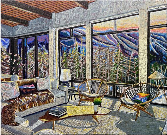 Alpineglow Ski Lodge Painting by JJ Manford, Executed in 2023