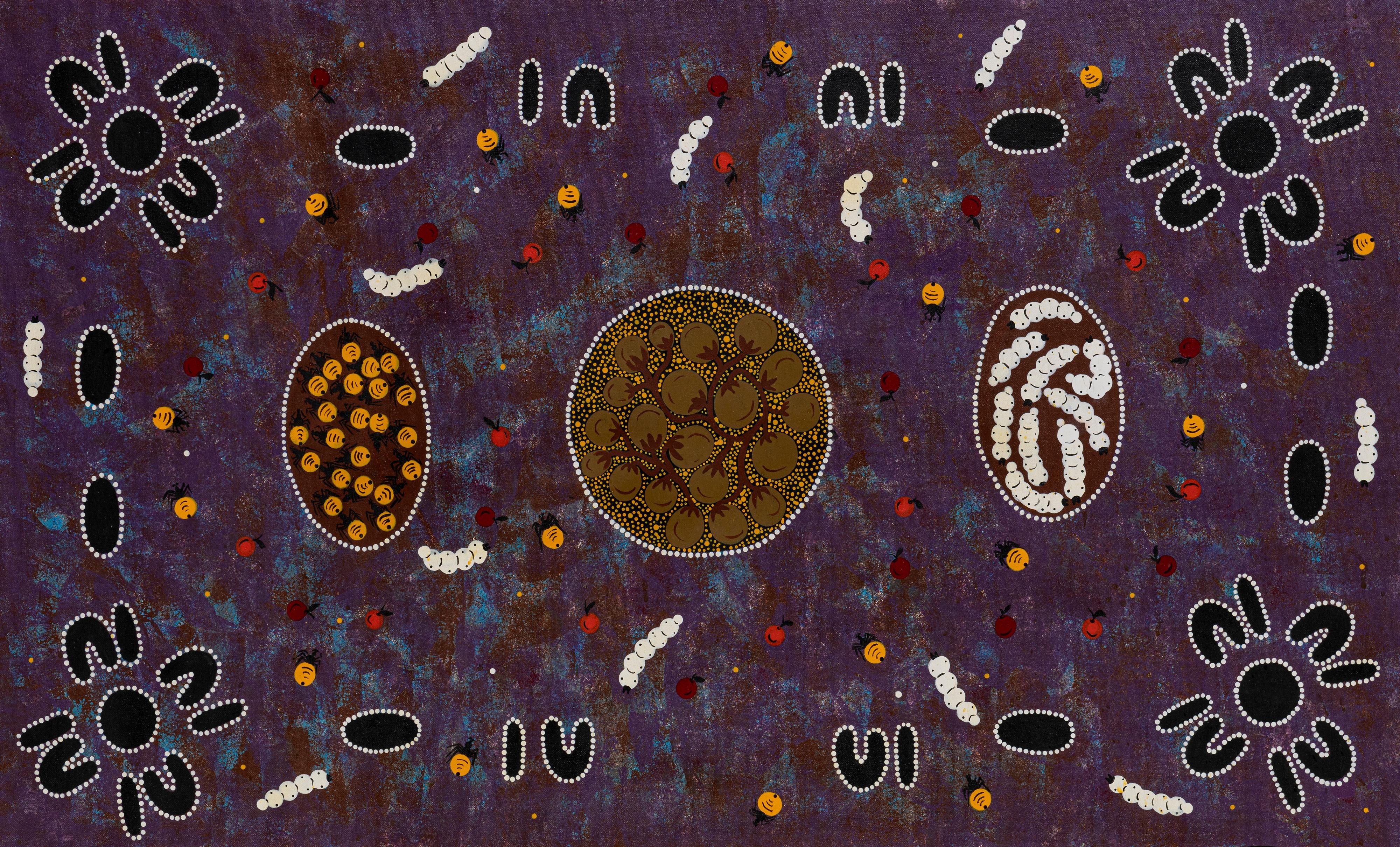 Artwork by Googie Sultan, Women's Gathering of Bush Tucker, Made of synthetic polymer paint on canvas