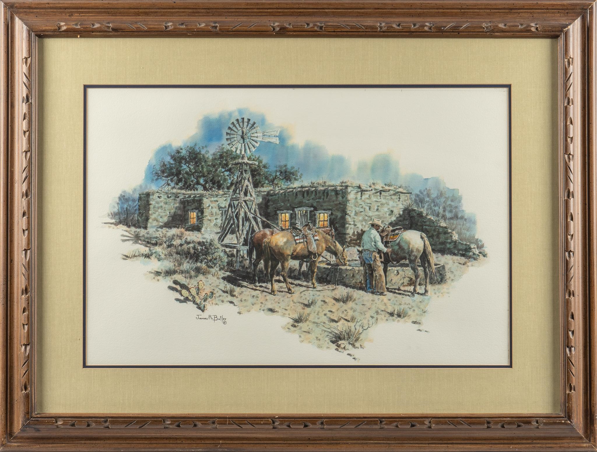 James R. Butler | Western scene with cowboys at nightfall | MutualArt