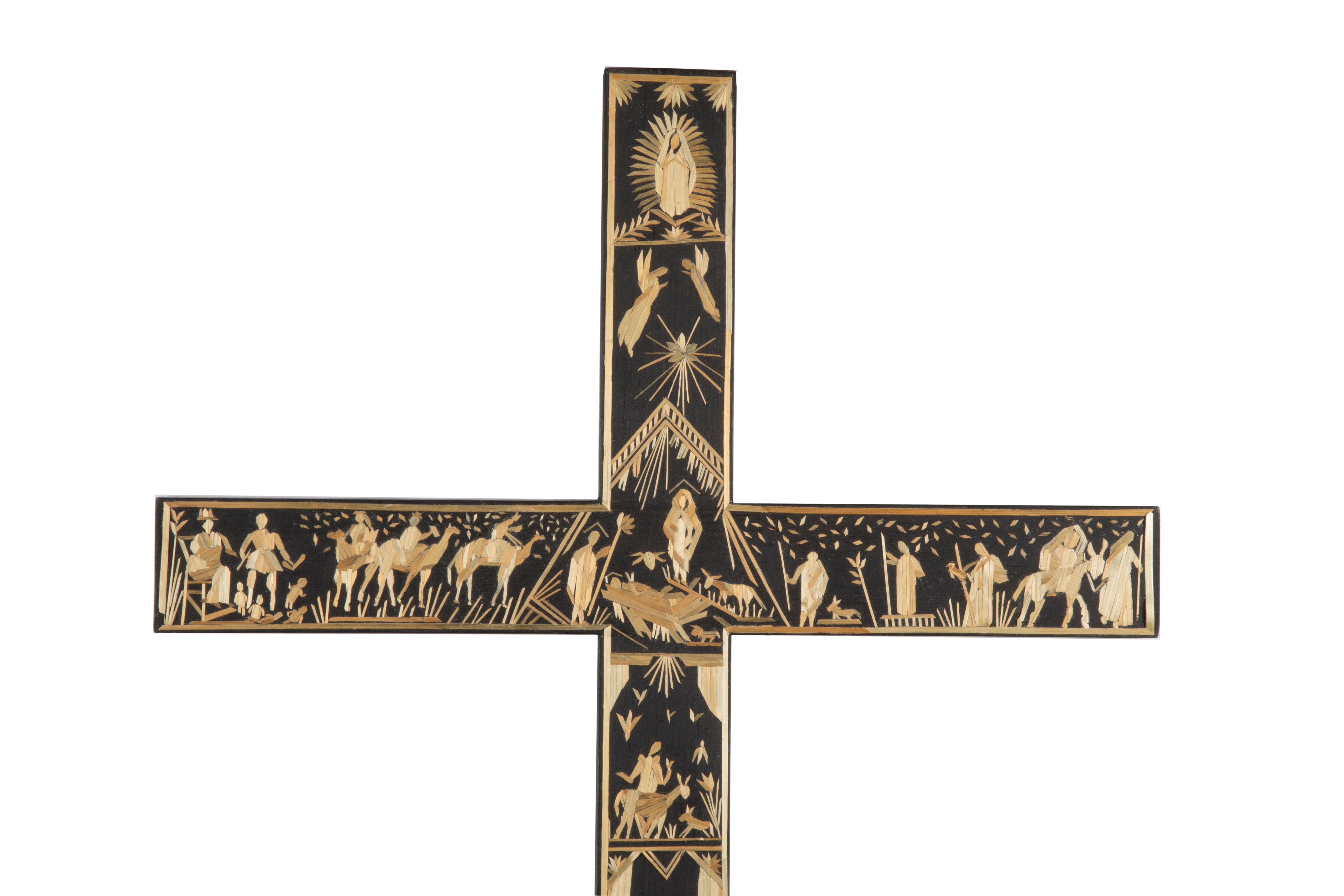 Artwork by Paula Rodriguez, Straw Appliqué Nativity Scene Cross, Made of straw appliqué, wood, pigments